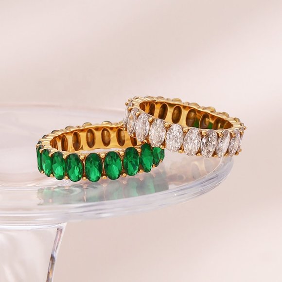 Vintage Emerald Green Baguette Oval Zircon Eternity Ring 18K Gold - Picture 3 of 8